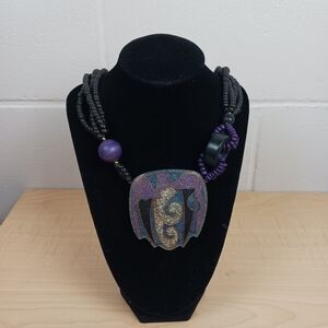 Medieval Dragon Chunky Pendant Black/Purple Necklace Fantasy Art To Wear‎